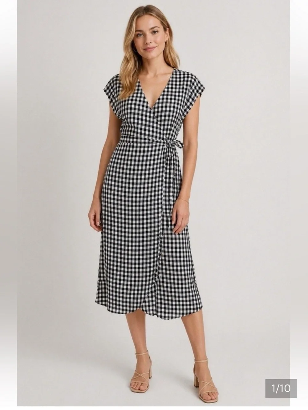 J. Crew Black and White Gingham Wrap Midi Dress Medium 100% Viscose Cap Sleeve